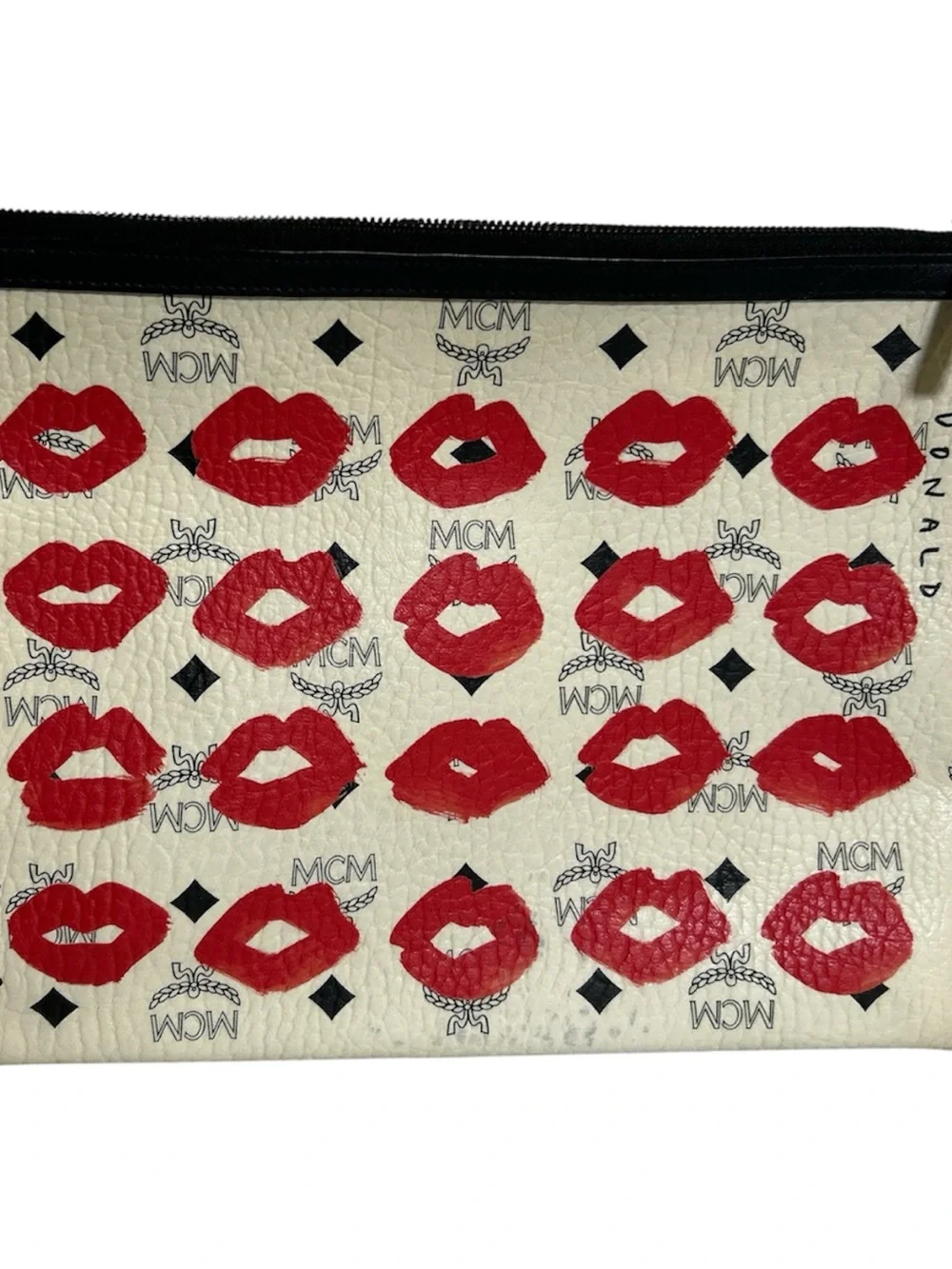 MCM White Leather Clutch with Red Lip Print